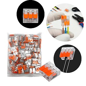 Kit 100 Conectores de Emenda Rápida 3 Vias Transparente 32A 400V