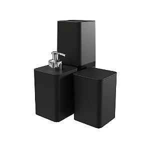 Kit Banheiro 3 Peças Dispenser Porta Escovas e Algodão Stolf Preto