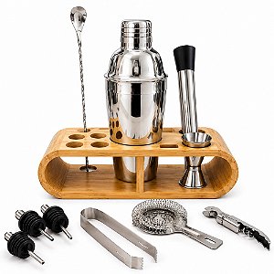 Kit Bartender com Coqueteleira 12 Peças e Suporte de Bambu para Drinks