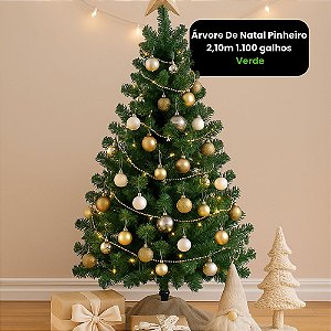 Árvore de Natal Pinheiro 2,10 Metros com 1100 Galhos e Base de Ferro Verde