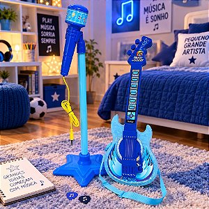 Guitarra Infantil com Microfone Pedestal Karaokê e Conexão MP3 Azul