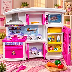 Cozinha Infantil com Panelas Potes e Mini Alimentos Rosa e Branco