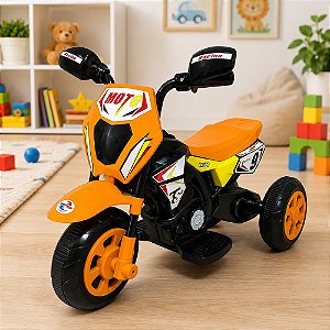 Moto Elétrica Infantil Cross 6V Laranja com Farol Led Som Frente e Ré