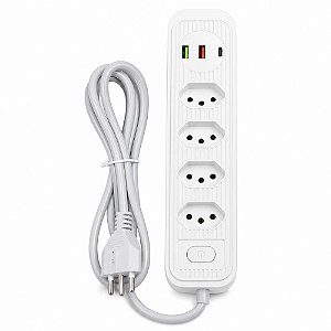 Extensão Elétrica 2 Metros com 4 Tomadas 2 Entradas USB e Interruptor