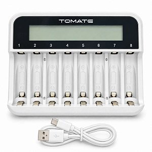Carregador Inteligente para 8 Pilhas AA e AAA com Tela LCD e USB-C