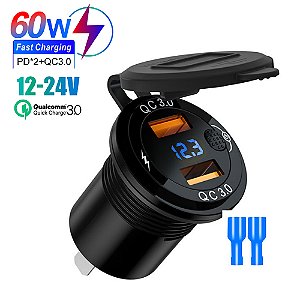 Carregador de Carro Duplo QC3.0 USB. de Carga Rápida, Interruptor de Voltímetro, Adaptador de Carga Rápida 12V/24V