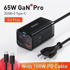 Fonte carregador Baseus-GaN Carregador Rápido de Mesa, 4 em 1, Adaptador para Laptop 65W