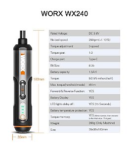 Chave de Fenda Elétrica Worx 4V, Modelo WX240, Sem Fio, Recarregável via USB