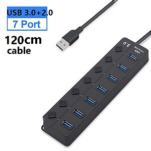 USB Hub 3.0 Divisor Multiprise de Alta Velocidade, Adaptador De Energia Com Interruptor, Cabo Longo