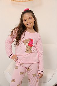 Pijama Feminino Infantil - Estampa de Urso - Malha - Rosa - N°10