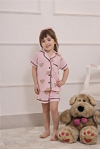 Pijama Feminino Infantil - Estampado Americano Urso Filha - Malha - Rosa - N°12