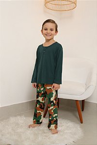 Pijama Masculino Infantil - Estampa Camuflado Viscolycra Filho - Malha - Verde - N°12