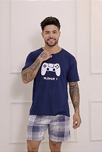 Pijama Masculino - Estampa Video game Pai - Filho - Malha - Azul - N°40 - (PP)