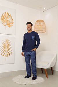 Pijama Masculino - Estampa Família Xadres - Malha - Azul - N°46 - (G)