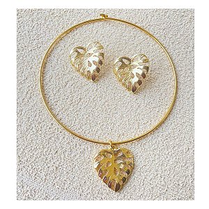 Conjunto Aro Choker e Brincos Coração de Adão Folheado a Ouro
