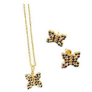 Conjunto Borboletas Negras Folheado a Ouro