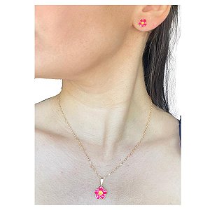 Conjunto Infantil Flor Resinada e Folheado a Ouro