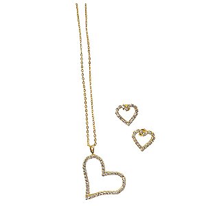 Conjunto Coração Cravejado com Strass Folheado a Ouro