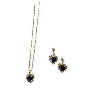Conjunto Colar e Brincos Coração Negro Folheado a Ouro