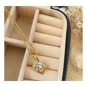 Colar Coração de Cristal Folheado a Ouro