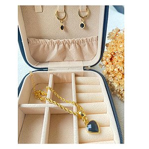 Conjunto Cristal negro com Pulseira e Brincos Folheados a Ouro
