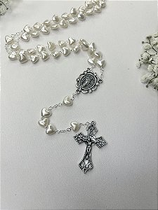 Terço Nossa Senhora das Graças Pérola Coração Prata