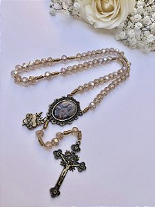 Terço Cristal Imaculado Coração de Maria em Âmbar com Pingente