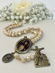 Terço Sagrada Face Cristal Bege Sólido