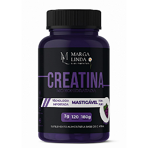 Creatina Monohidratada Mastigável Marga Linda – 3g por dose, Tecnologia Importada, Zero Açúcar, Sabor Uva – 120 Comprimidos