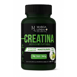 Creatina Monohidratada Mastigável Marga Linda – 3g por dose, Tecnologia Importada, Zero Açúcar, Sabor Maçã Verde – 120 Comprimidos