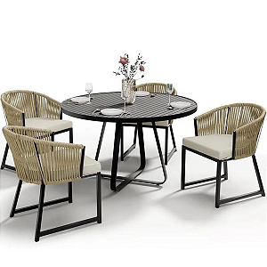 Conjunto de Mesa Ripada 1,00m Alumínio e 4 Poltronas Corda Náutica Areia