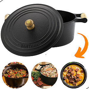 Panela Caçarola 18cm com Tampa  de Ferro Fundido Alça de Madeira