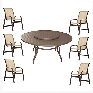 Jogo Conjunto Lótus com Mesa com Centro Giratória 1,40m e 6 Cadeiras Aluminio e Tela Sling