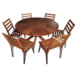 Conjunto de Jantar Mesa Redonda de Madeira Giratória e 6 Cadeiras Modelo Sol sem Braço