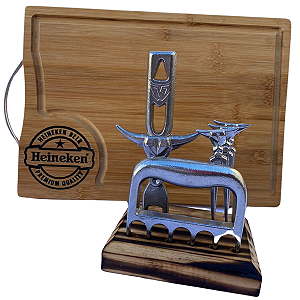 Kit Tabua Corte Carne Churrasco com Kit Suporte Madeira com Garra de Urso, Abridor Bebida e Garfinhos Alumínio