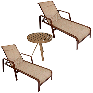 Kit 2 Espreguiçadeiras e Mesinha Alumínio Lótus para Piscina e Jardim