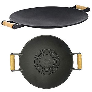 Chapa Disco Picanheira Redondo de Ferro Fundido com Alças de Madeira 35cm Libaneza