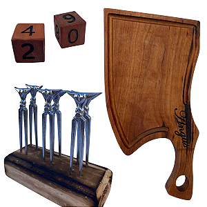 Combo Tabua de Madeira Rústica, Kit Garfos Petisco e Dados Tento de Truco