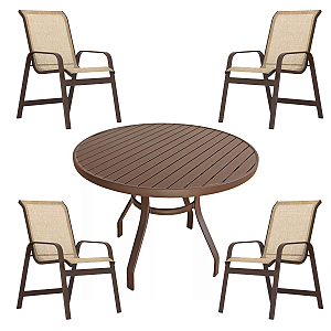 Conjunto Lótus Mesa 1,00m + 4 Poltronas Alumínio e Tela Sling
