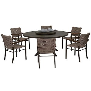Conjunto Mesa de Alumínio 4 Chapas Giro Externo com 6 Poltronas Angra Corda Braços de Madeira