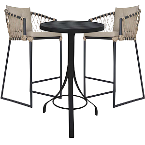 Kit 2 Banquetas Eros Corda Naval Com Braços Almofada de Encosto + Mesa Bistrô Tampo Ripado