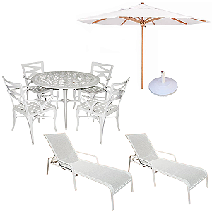 Conjunto de Mesa 4 Cadeiras Liz com Guarda Sol e 2 Espreguiçadeiras Tela Sling e Alumínio