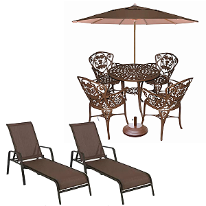 Jogo Conjunto de Mesa 4 Cadeiras Malbec, Ombrelone e 2 Espreguiçadeiras Tela Sling Marrom