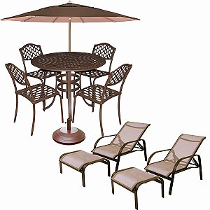 Jogo de Mesa com 4 Cadeiras Jardim Alumínio Fundido com Ombrelone e 2 Mini Espreguiçadeiras
