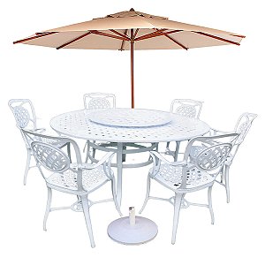 Mesa Giratória de Jardim 6 Cadeiras Alumínio Fundido Havana e Guarda Sol
