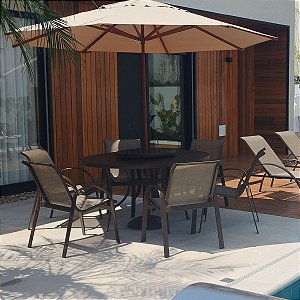 Jogo de Mesa Ripada Giratoria 6 Cadeiras para Piscina Jardim com Guarda Sol