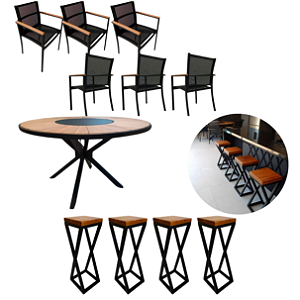 Kit Mesa Jantar 1,50m Zurick Madeira 6 Cadeiras Tela Sling 4 Banquetas Alta Bancada Cozinha