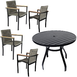 Jogo de Mesa Ripada 1,00m 4 Poltronas Amélia Corda Náutica para Jantar Jardim Piscina