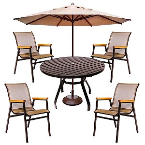 Jogo de Mesa 90cm Alumínio 4 Cadeiras Piscina Jardim + Guarda Sol