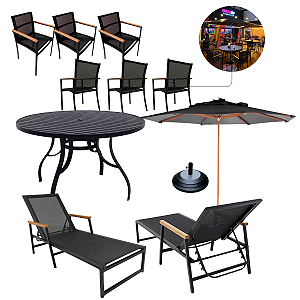 Kit Para Piscina 6 Cadeiras, Mesa, Espreguiçadeiras + Guarda Sol